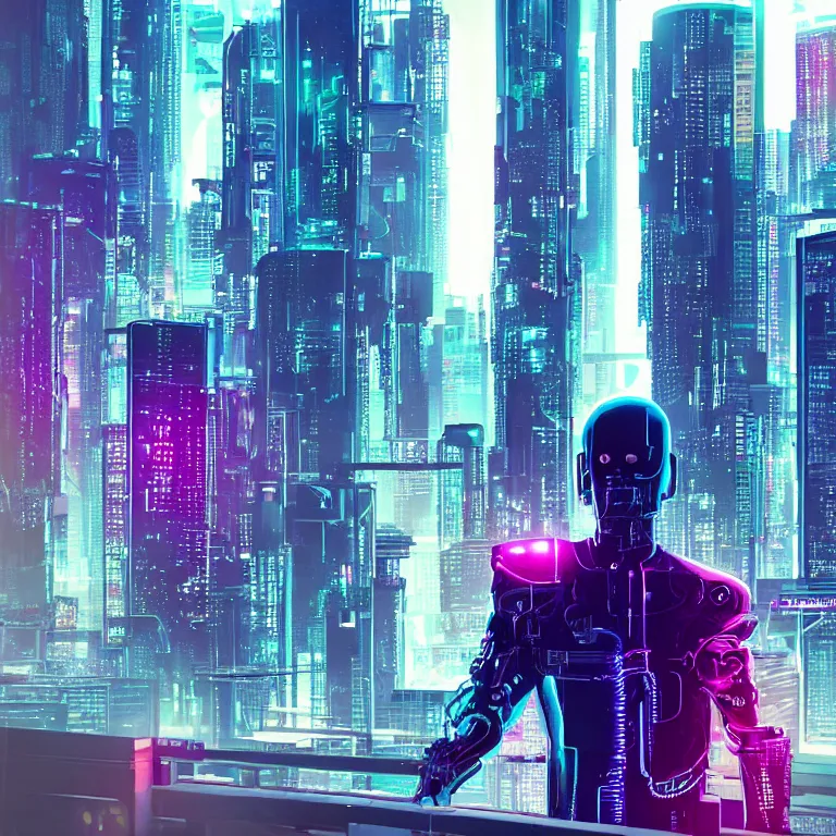 Image similar to A cyberpunk synthwave cyborg android staring out at the city below through a window