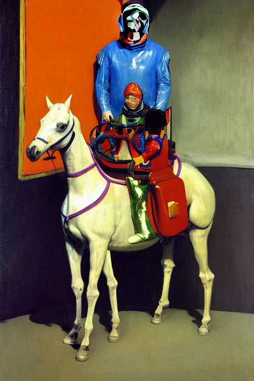 Prompt: man in horse costume, horse in costume astronaut, horse racing, astronaut helmet on horseback, hauntingly surreal, highly detailed painting by francis bacon, edward hopper, adrian ghenie, gerhard richter, and james jean soft light 4 k,