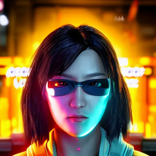 Prompt: jekie chan portrait, Cyberpunk 2077, cyberpsycho, photorealistic, ultra detailed, neon, octane, bokeh, cyber, cyberpunk city, feature, scars, cyberface, 8k