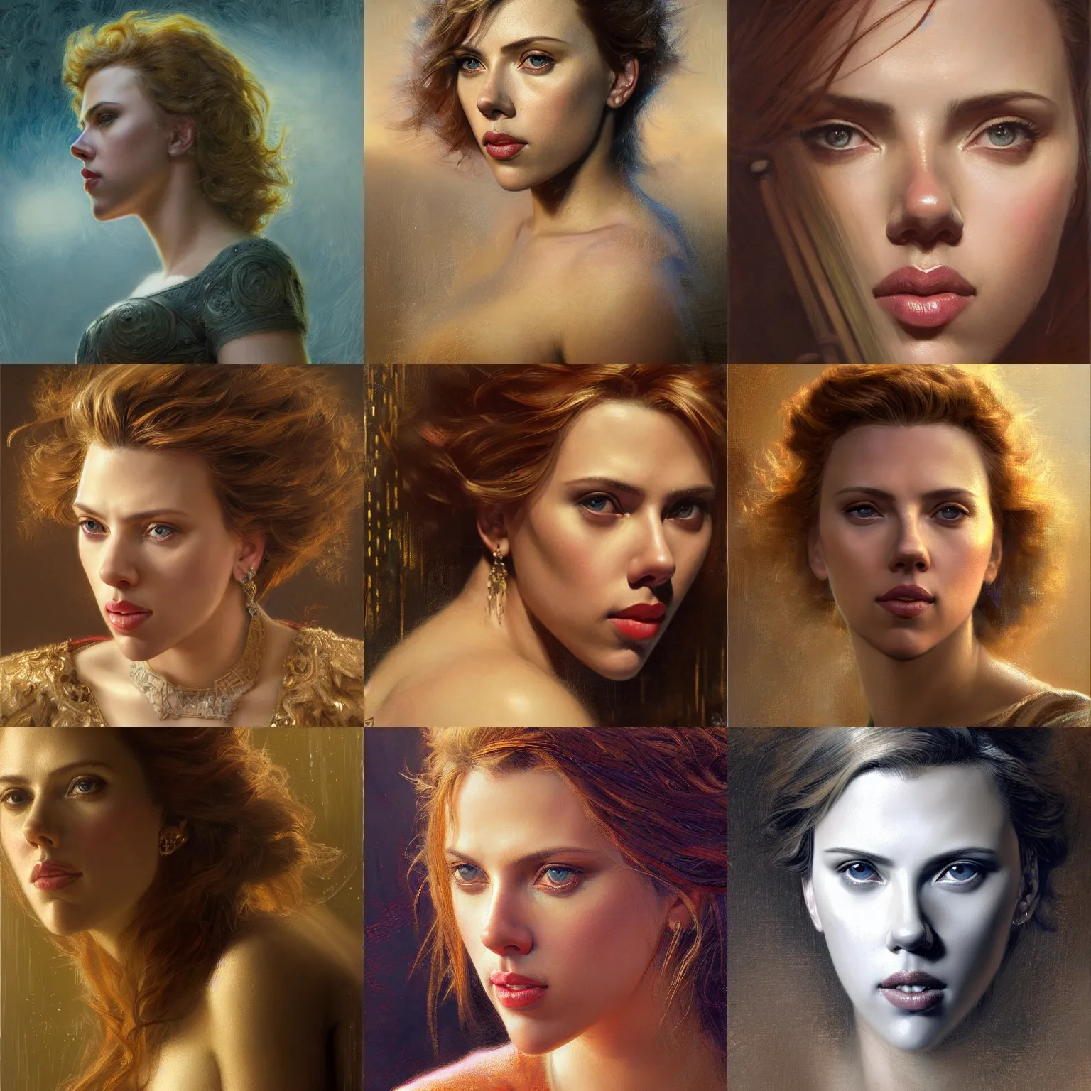 Prompt: portrait of scarlett johansson, close up, wide angle, ultra realistic, intricate details, highly detailed, abstract art piece by gaston bussiere, craig mullins, j. c. leyendecker 8 k