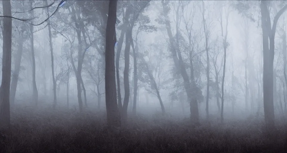 Image similar to a matte painting of a creepy foggy forest