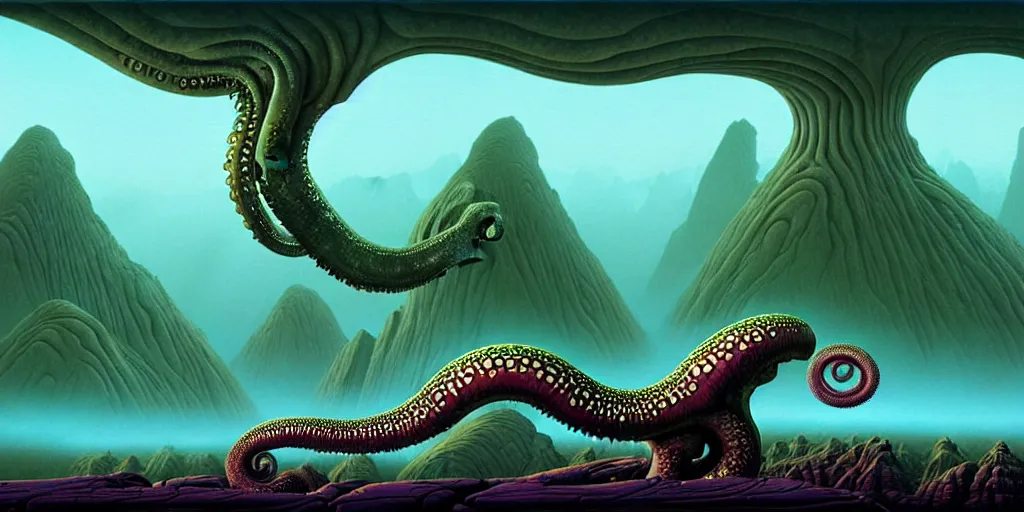 Image similar to highly detailed fantasy art of an alien cephalopod creature in a surreal landscape filled with mountains and mist, diffuse lighting, fog, muted colors, by roger dean, kilian eng. mœbius