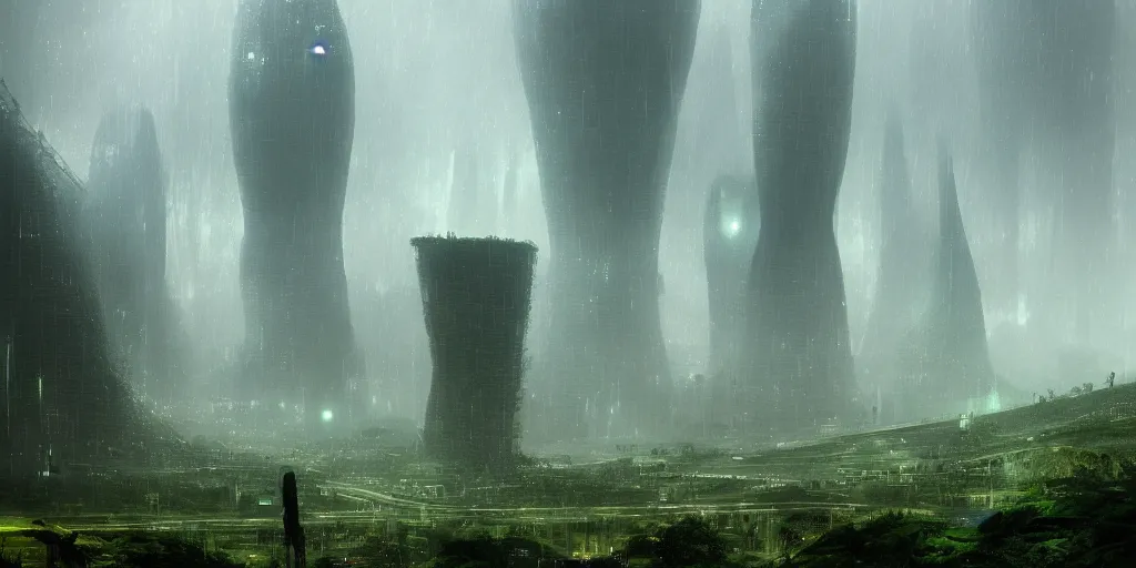 Image similar to a futuristic city scape of vertical organic farms, growing, mossy cellular structures, epic landscape, endless towering science fiction towers, raining, misty, in the style of john harris