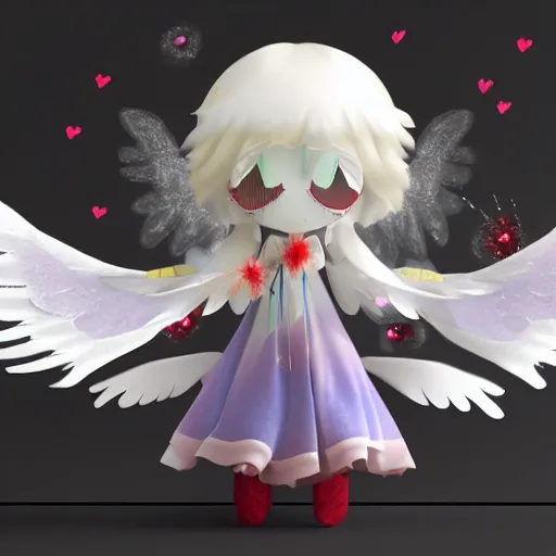 Prompt: cute fumo plush of a divine angel, gothic maiden, ribbons and flowers, ruffled wings, feathers raining, particle simulation, clouds, vray, outline glow lens flare burning sun