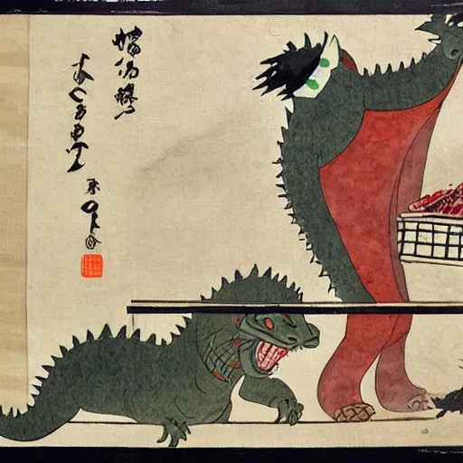 Image similar to ancient japanese watercolour of godzilla running a fruit stall in a market