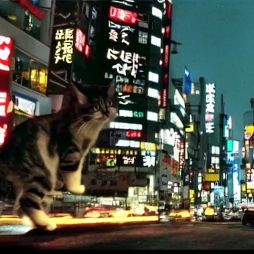 Image similar to a giant cat wrecking downtown tokyo, cinematic movie still