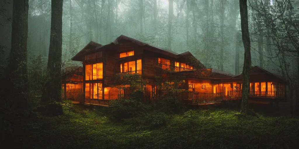 Image similar to an exquisite wooden house in a lush forest, architectural photography, dark and dim lighting, beautiful, tranquil, moody, cinematic, fantasy, 3 5 mm lens, volumetric lighting, first person view, photographic render, hyper realistic