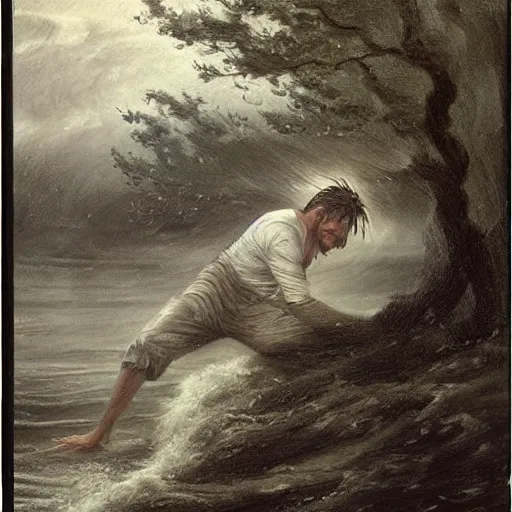 Image similar to The drawing shows a man caught in a storm, buffeted by wind and rain. He clings to a tree for support, but the tree is bent nearly double by the force of the storm. The man's clothing is soaked through and his hair is plastered to his head. His face is contorted with fear and effort. by William Trost Richards natural