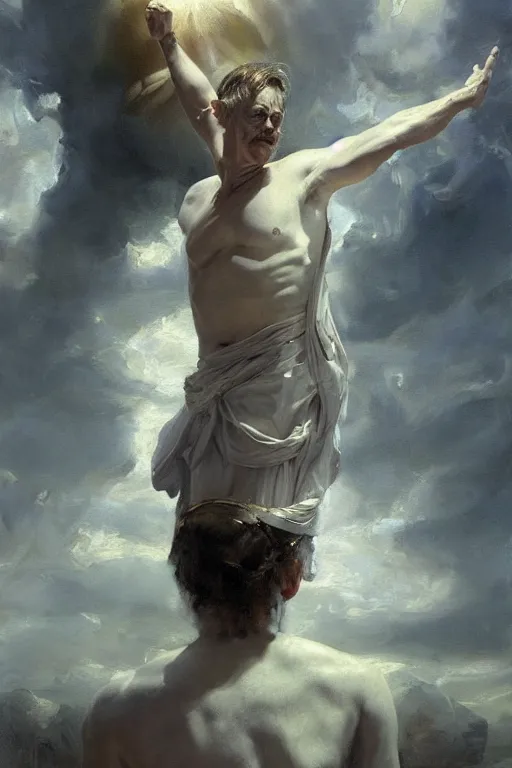 Image similar to beautiful oil painting portrait of ancient roman god emperor steve buscemi wearing the civic crown levitating and ascending religious pose, ascension, art by anders zorn, wonderful masterpiece by greg rutkowski, expressive brush strokes, beautiful cinematic light, american romanticism by greg manchess, jessica rossier