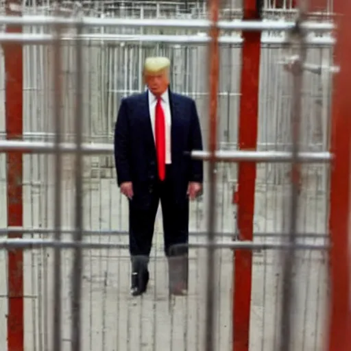 Image similar to donald trump in prison behind bars dressed in prison clothing