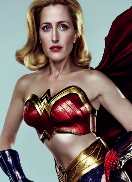 Prompt: photo of a beautiful 4 0 - year - old gillian anderson dressed as wonder woman by mario testino and stanley lau, detailed, award winning, sony a 7 r, trending on artstation