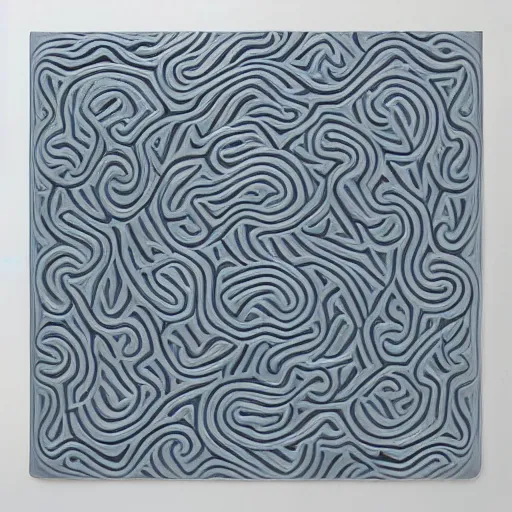 Image similar to serpentine twisty maze, thin lines, fractal, carved soapstone relief paneling white and pale blue