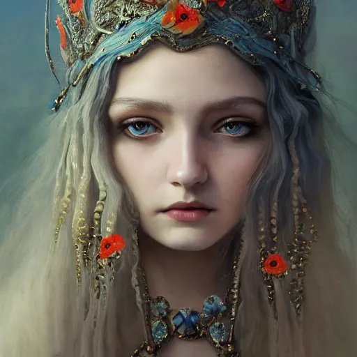 Image similar to young poppy goddess, portrait, blue eyes, beautiful face, long hair, emotionally evoking symbolic metaphor, head in focus, fantasy, ornamental, intricate, elegant, sensual, highly detailed, digital painting, artstation, concept art, smooth, golden ratio, sharp focus, illustration, art by John Collier and Krenz Cushart and Artem Demura and Alphonse Mucha and Albert Aublet and John William Godward 640