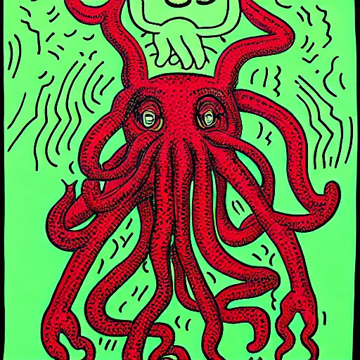 Image similar to detailed painting of cthulhu, by keith haring and junji ito