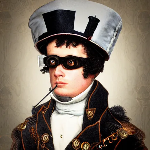 Prompt: photo of realistic real life napoleon wearing big steampunk googles, photo by gustave baumann