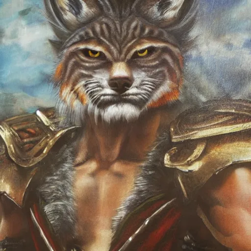 Prompt: 8k Yoshitaka Amano oil painting of upper body of a young cool looking lynx beast-man with white mane at a medieval market at windy day. Depth of field. He is wearing complex fantasy armors. He has huge paws. Renaissance style lighting.