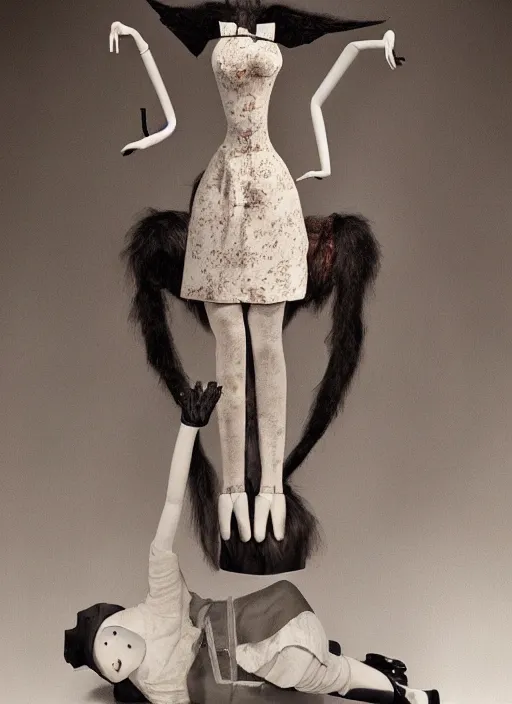 Image similar to surreal portrait of a creature with the body of a 1950's school-girl dress wearing mannequin and whose head is a tarantula, inspired by Mark Ryden and Marion Peck, hints of Cronenberg
