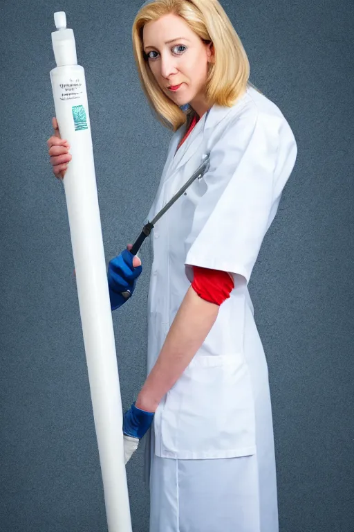 Prompt: elizabeth holmes as a psychopath nurse holding a giant syringe, cosplay, studio lighting