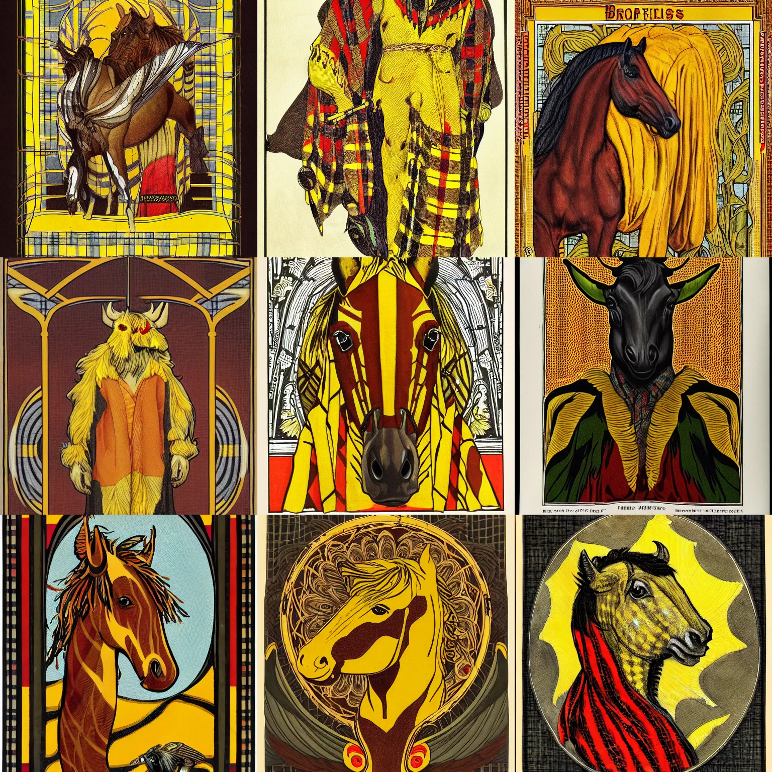 Prompt: ( horse - bumblebee hybrid creature ) wearing a ( buffalo check robe ), art nouveau illustration, azo yellow, venetian red, burnt umber