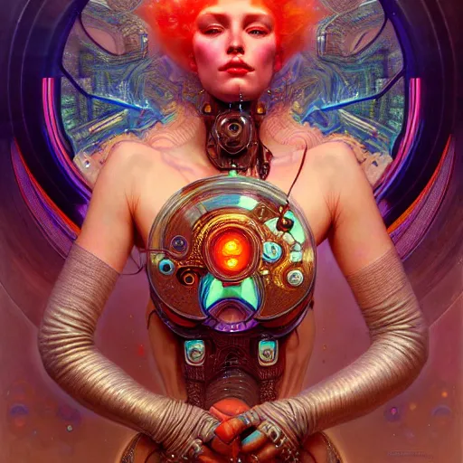 Image similar to extremely psychedelic cyborg queen of lsd. intricate, elegant, highly detailed, extremely lifelike photorealistic digital painting, artstation. steichen, gaston bussiere, tom bagshaw, cyberpunk alphonse mucha