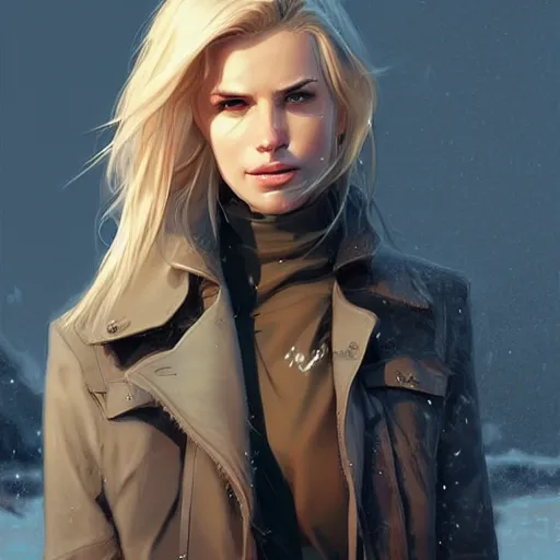 Image similar to hot looking blonde girl wearing jacket, light stubble, digital art, photorealistoc, art by greg rutkowski, hyperdetailed, western comic style, comic, comic style, sharp lineart, professional lighting, deviantart, artstation, trevor henderson, rossdtaws, cinematic, dramatic