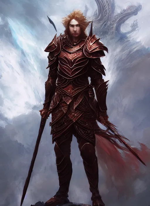 Image similar to Half-body portrait an elven red-haired prince in a dragon scale armour and a spear. In style of Hyung-tae Kim and Greg Rutkowski, concept art, trending on ArtStation, Korean MMORPG, over-detailed art, 8K, epic, dynamic lightning, dramatic pose.