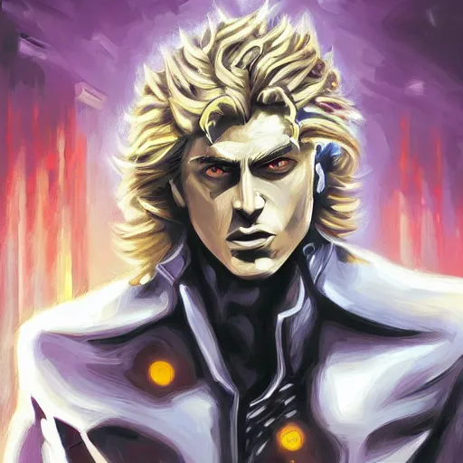 Prompt: oil painting of a pale menacing dio brando with long blond hair and piercing eyes, genetically augmented super soldier, tall jagged black plate armor creeping darkness, by Alena Aenami