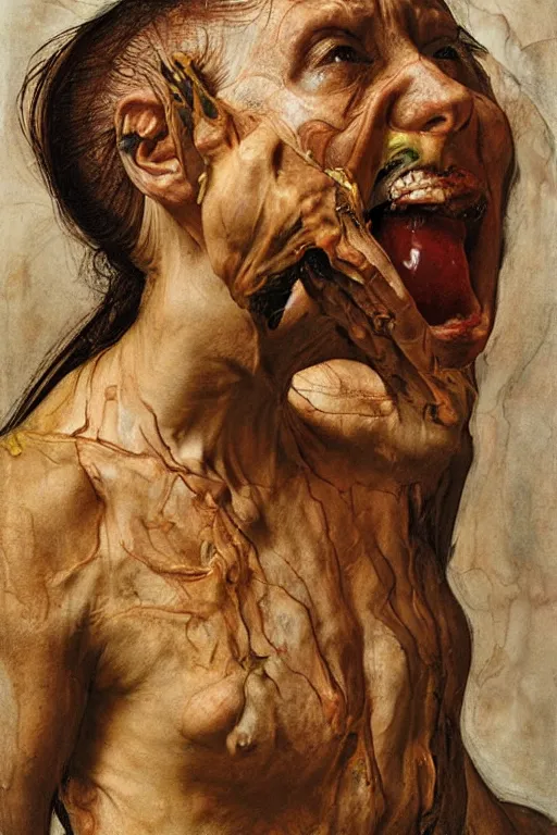 Image similar to a woman enraged, part by Jenny Saville, part by Leonardo da Vinci