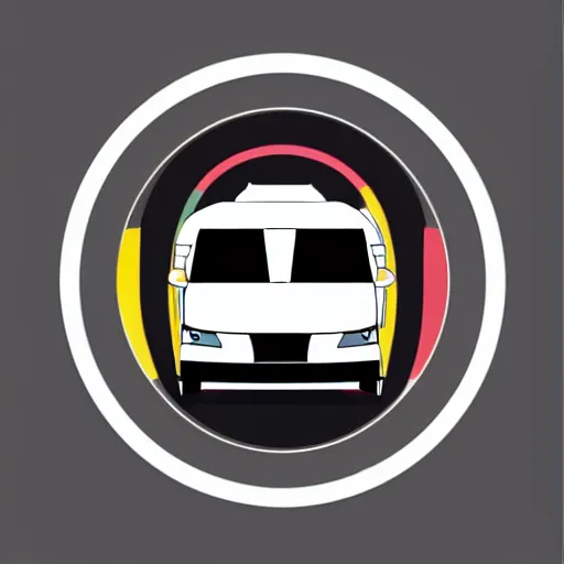 Image similar to very very very minimal vector graphic of a white and black cute thor chateau motorhome camper, color highway, mountains and sunset!!, all enclosed in a circle, white background, happy, professional minimal graphic design cartoon, award winning