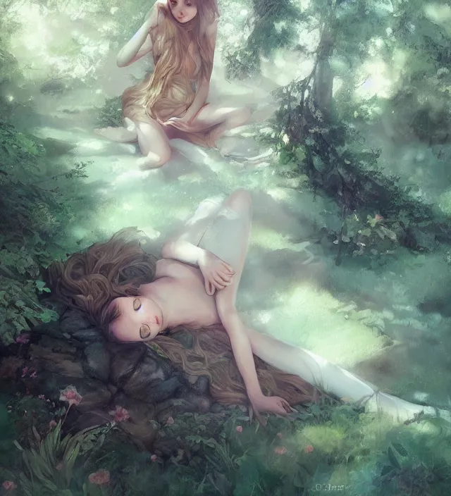 Image similar to girl lying in forest, art by charlie bowater