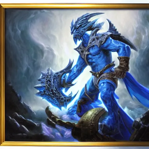 Image similar to oil painting of blue dragonborn cleric of a storm god, dungeons and dragons, lightning, tempest shield, holy, epic