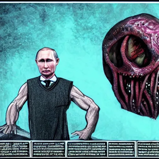 Image similar to vladimir putin became stupid brutal lovecraftian degenerate abomination, photo - realistic, color image, 2 k, highly detailed, horror