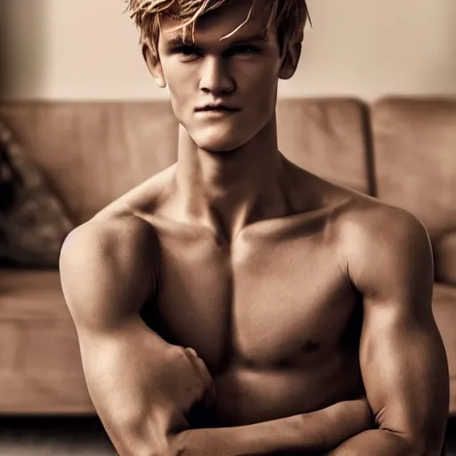 Image similar to a realistic detailed photo of a guy who is an attractive humanoid who is half robot and half humanoid, who is a male android, soccer player martin ødegaard, shiny skin, posing like a statue, blank stare, in a living room, on display, showing off his muscles