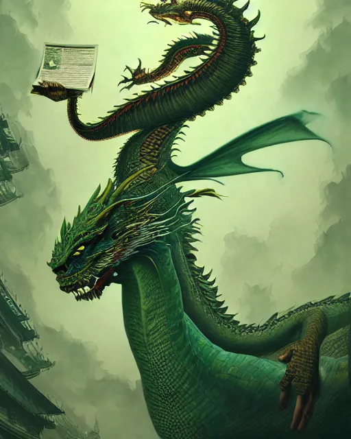 Image similar to anthropomorphic art of a businessman dragon, green dragon, portrait, victorian inspired clothing by artgerm, victo ngai, ryohei hase, artstation. fractal papers, newspaper. stock certificate, highly detailed digital painting, smooth, global illumination, fantasy art by greg rutkowsky, karl spitzweg, jc leyendecker