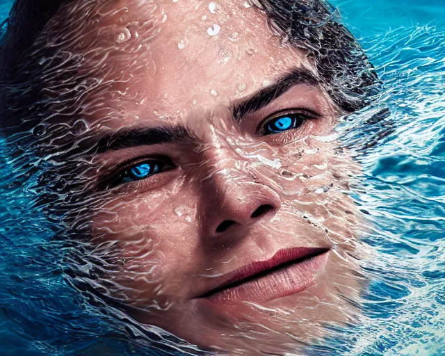 Image similar to water art manipulation of a realistic human head with open eyes burried in the ocean, surreal, side view, hyper realistic, ray tracing, realistic water, sharp focus, 8 k resolution, cinematic