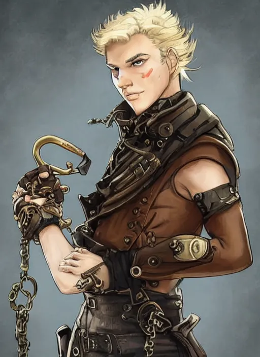 Image similar to a blonde boy thief with a steampunk armband in the style of eve ventrue