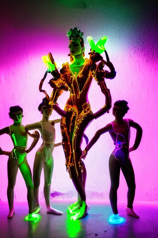 Image similar to full-body neon porcelain baroque tron style sculpture of four young royal dancers Kazaky as a high-fashion half-robot wearing retro shades with a porcelain body with an opening exposing a corrupted battery leaking blue glowing radioactive liquid, electric sparks, glowing violet laser beam eyes, crown of giant rubies, flowing pink and orange neon-colored glitched silk, luminescent fabrics, mechanical raptors. baroque and steampunk elements. full-length view. baroque element. intricate artwork by caravaggio. Very very very very highly detailed epic photo of face. Trending on artstation, octane render, cinematic lighting from the right, hyper realism, octane render, 8k, depth of field, 3D