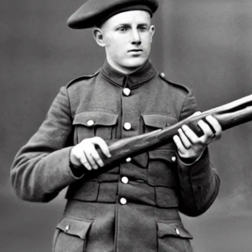 Image similar to a ww1 soldier holding a wooden toy rifle, black and white grainy photograph