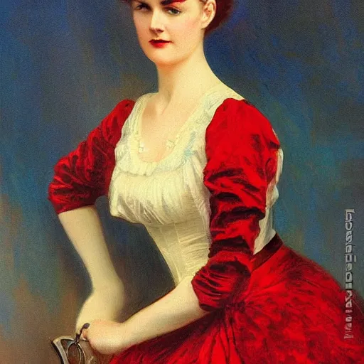 Image similar to Orville Houghton Peet and William Simpson and Jean Gautier victorian genre painting portrait painting of a young beautiful woman marverl DC comic book character fantasy costume, red background