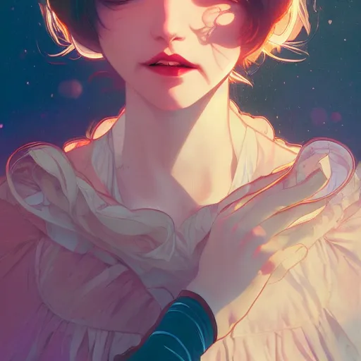 Image similar to gazing into the gorgeous face of infinity, laughing at the absurdity of it all, ambient lighting, 4 k, lois van baarle, ilya kuvshinov, rossdraws, alphonse mucha, jung gi kim, artstation