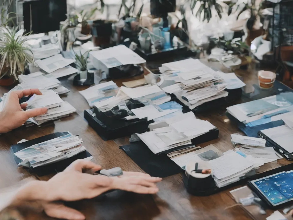 Image similar to depth of field pov candid photo of my hands reading pdfs at my floating futuristic ios hologram desk, stacks and rows of perfectly organized objects and calendar cubbies during sunrise in a cozy dappled open - air design studio, daylight vr os ux, leica 8 k still a 2 4