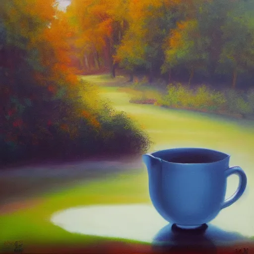 Image similar to imaginary cup of tea, landscape, peaceful, soft colors, forest, oil on canvas