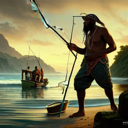 Image similar to fisherman, male, Jamaican, wide angle, parting the sea, magical fishing rod weapon, D&D, fantasy, intricate, elegant, highly detailed, digital painting, artstation, octane render, concept art, matte, sharp focus, illustration, hearthstone, art by Artgerm and Greg Rutkowski and Alphonse Mucha