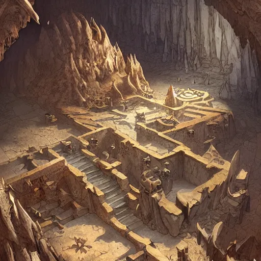 Prompt: dungeon map concept d & d cave, desert, vulcanic ground, monument, tribal hollows and build. hyper detailed, fantasy style art, highly detailed, digital painting, artstation, concept art, smooth, sharp focus, illustration, art by artgerm and greg rutkowski and alphonse mucha