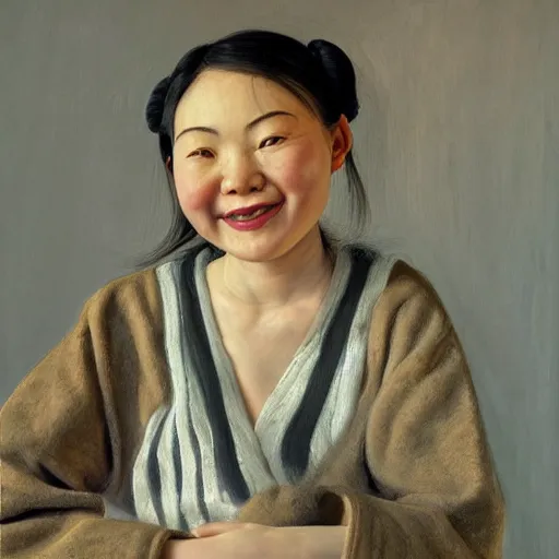 Image similar to high quality high detail painting by lucian freud, hd, smiling cute chineese girl portrait, photorealistic lighting