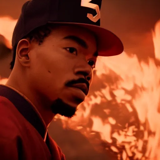 Image similar to cinematic film still of Chance The Rapper starring as a Samurai holding fire, Japanese CGI, VFX, 2022, 40mm lens, shallow depth of field, film photography