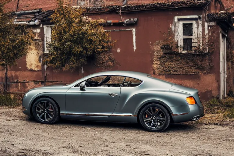 Image similar to modern rusty matte tired Bentley Continental GT without gloss no reflections drives along the road of an old Russian village with houses at the edges