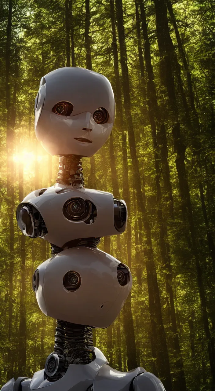 Image similar to a robot portrait in a movie, forest, cinematic shot, sun beams