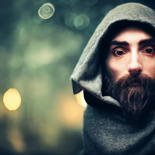 Image similar to portrait of a mysterious wizard with a Hood, bright eyes, fantasy, photorealistic, bokeh, magic lights, cinematic