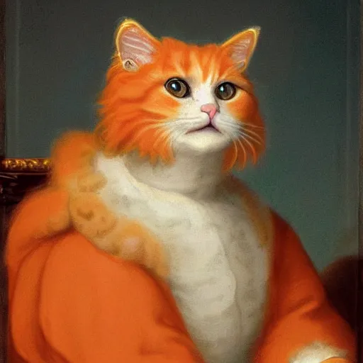 Prompt: baroque portrait of an orange fluffy cat in regal clothes